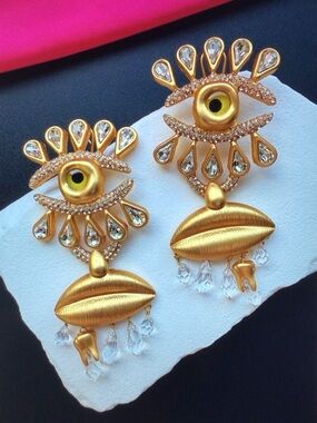 Schiaparelli Gold Eye & Lip Drop Earrings with Clear Crystal Accents